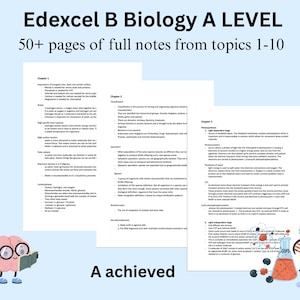 Può includere: Edexcel B Biology A LEVEL 50+ pagine di appunti completi dagli argomenti 1-10. Il documento presenta testo stampato su carta bianca, un personaggio cervello a cartone animato che tiene un libro e una beuta da laboratorio con un DNA a lato.