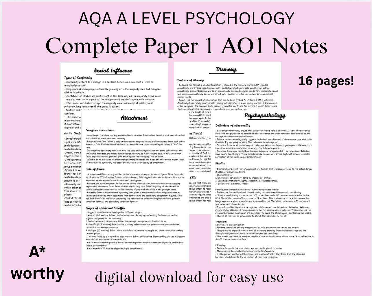 AQA A Level Psychology Paper 1 COMPLETE AO1 Notes - Etsy
