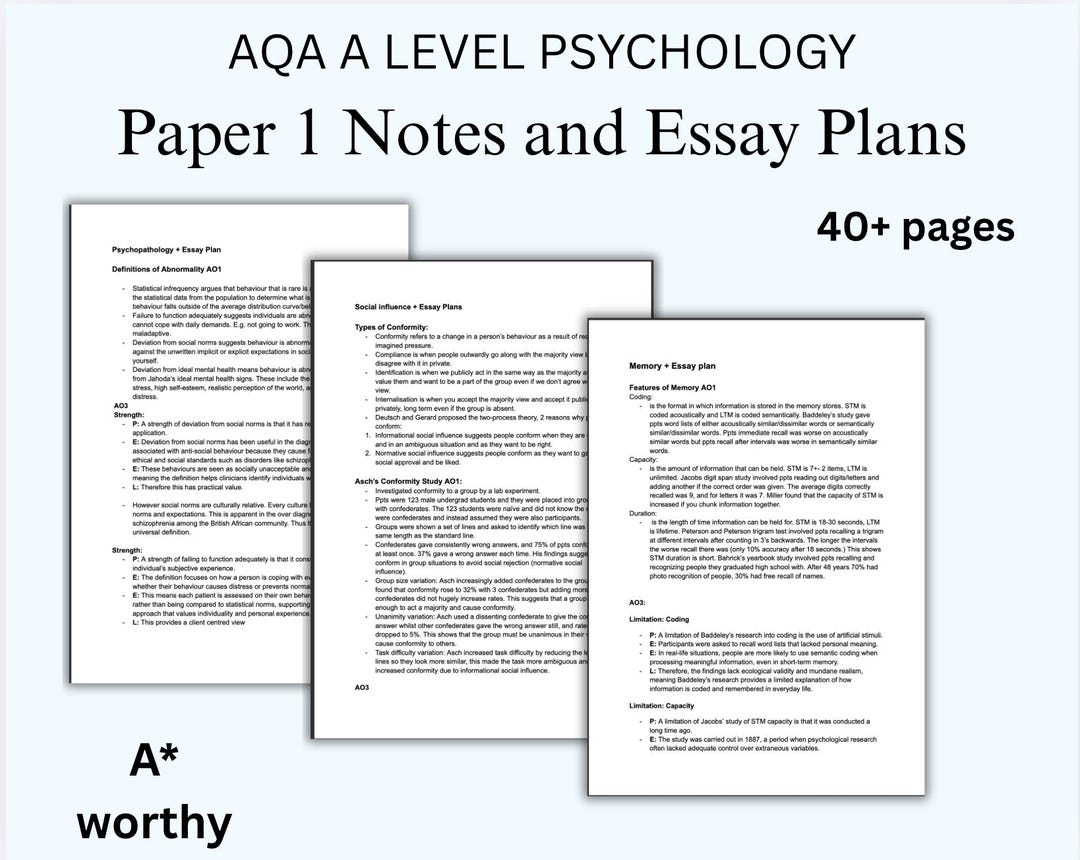 AQA A Level Psychology Paper 1 Notes and Essay Plans - Etsy