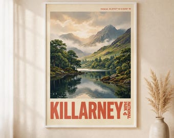 Killarney National Park Print, Vintage Irish Lake Landscape Travel Poster, County Kerry Wall Art