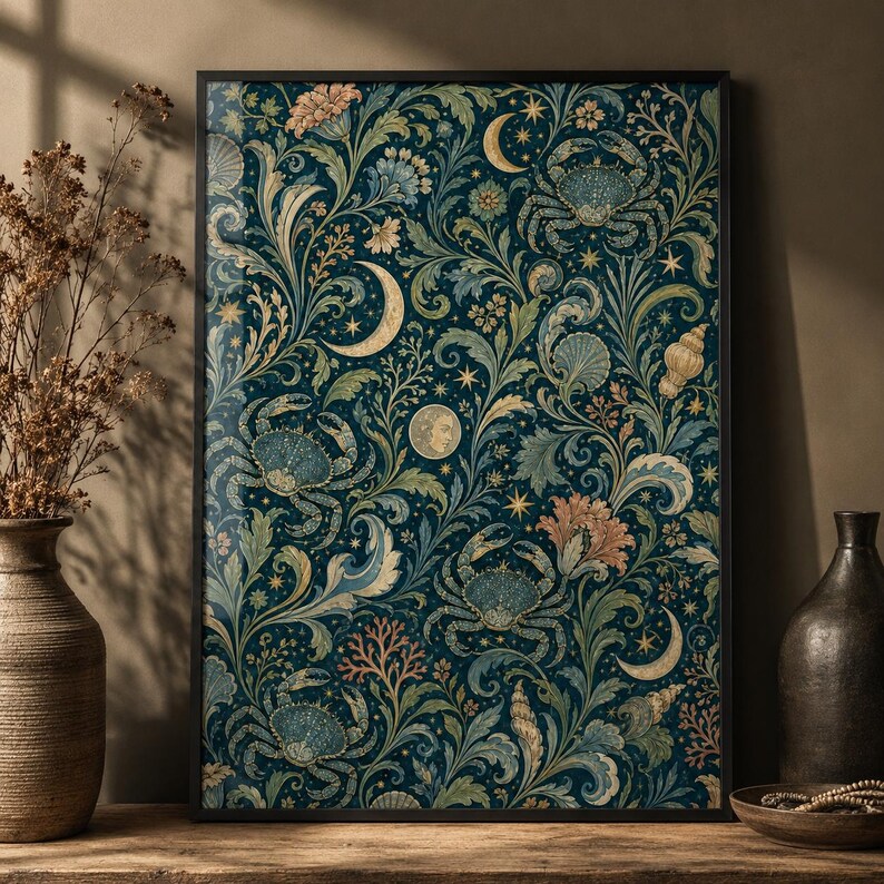 William Morris Cancer Zodiac Print, Celestial Crab Botanical Wall Art ...