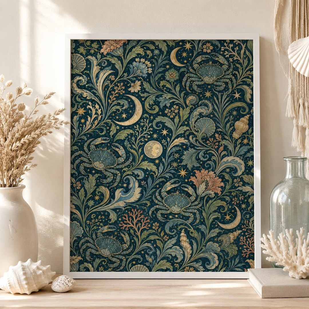 William Morris Cancer Zodiac Print, Celestial Crab Botanical Wall Art ...