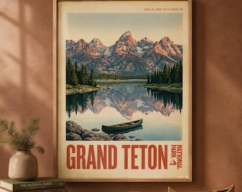 Grand Teton National Park Print, Vintage Wyoming Mountain Lake Wall Art