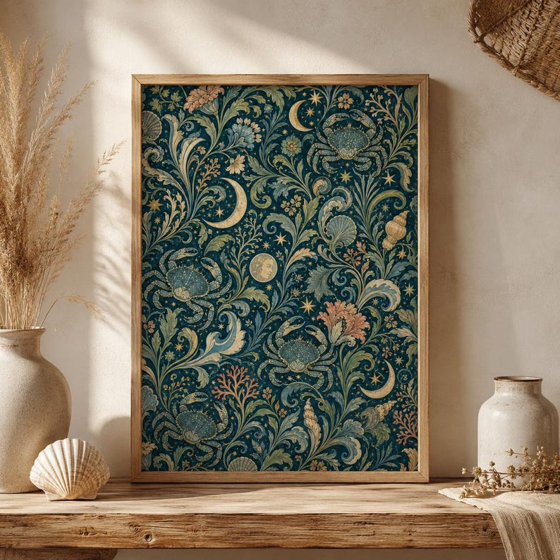 William Morris Cancer Zodiac Print, Celestial Crab Botanical Wall Art ...