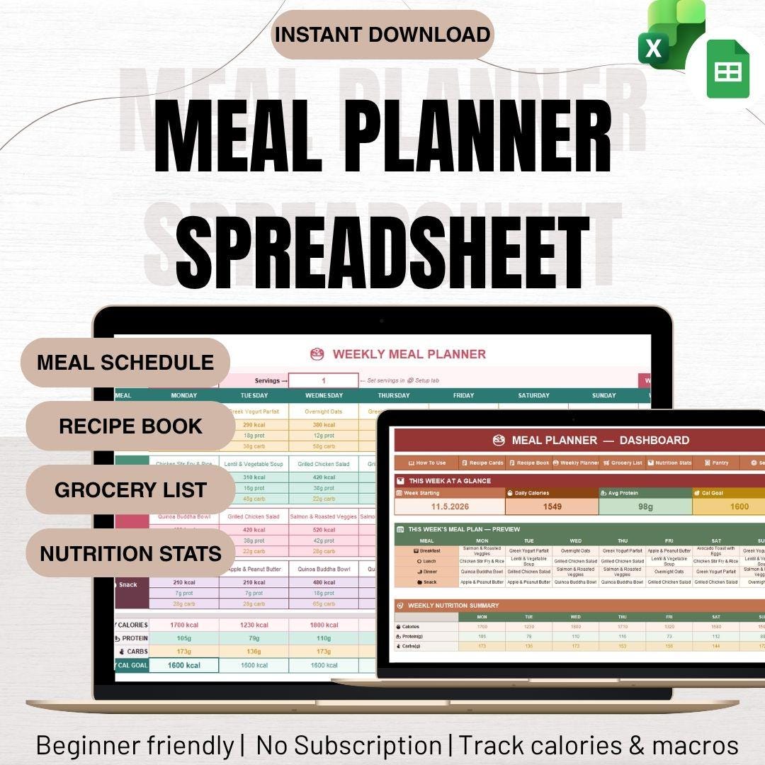 All in One Meal Planner Excel Spreadsheet | Weekly Food Planner ...