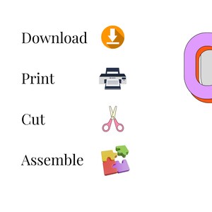 Könnte beinhalten: Eine digitale Anleitungsgrafik mit dem Text Download, Print, Cut, Assemble neben Symbolen für einen Pfeil, Drucker, eine Schere und Puzzleteile sowie einer geschichteten ovalen Form in den Farben Pink, Orange und Grau.