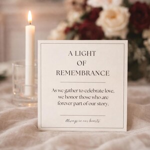 May include: A lit white taper candle in a glass holder stands next to a card with the text "A Light of Remembrance." The card includes the phrases "As we gather to celebrate love, we honor those who are forever part of our story. Always in our hearts."
