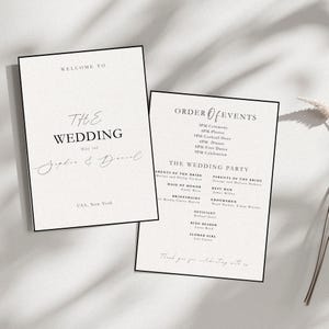 May include: Two wedding stationery cards with black text on a cream background. One card reads "Welcome to The Wedding" with the couple's names and the date. The second card lists the order of events and wedding party.
