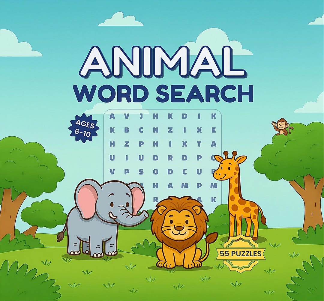 Animal Word Search Printable for Kids Ages 6–10 - 55 Fun Puzzles PDF ...