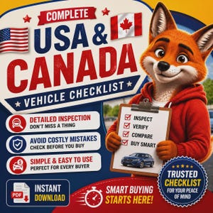 米国・カナダ向けカスタム中古車購入者レポートとチェックリスト、VIN検査印刷可能、自動車チェックリストPDFおよび検査ガイドのダウンロード