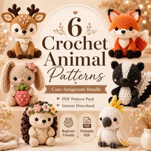 Puede incluir: Se presentan seis patrones de animales de ganchillo, incluyendo un ciervo, un zorro, un conejo, una mofeta, un erizo y un loro. La imagen muestra el texto "6 Crochet Animal Patterns" y "Cute Amigurumi Bundle". Los patrones son aptos para principiantes y están disponibles como descarga PDF.