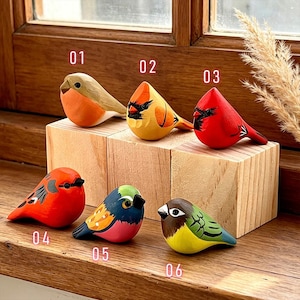 Hand-Painted Wooden Bird Ornaments | Solid Wood Cardinal, Robin Desk Decor