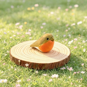 Hand Carved Solid Wood Robin Figurine | Hand Painted Bird Decor, Desk Ornament