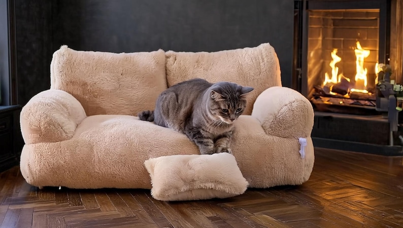 May include: A plush, beige cat sofa with a matching pillow. A gray tabby cat sits on the sofa, looking down. A fireplace with a burning fire is in the background, creating a cozy atmosphere.