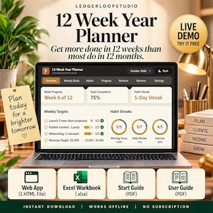 May include: A digital 12 Week Year Planner displayed on a laptop screen, featuring a dashboard with weekly targets, habit streaks, and progress tracking. Includes a web app, Excel workbook, and PDF guides for planning and goal management.