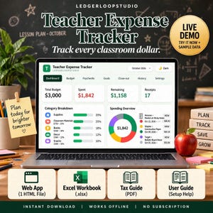 Puede incluir: Una pantalla de portátil que muestra un panel de control Teacher Expense Tracker con gráficos de presupuesto, gastos y categorías. La interfaz incluye etiquetas como Total Budget, Spent, Remaining y Receipts. Debajo hay iconos para Web App, Excel Workbook, Tax Guide y User Guide.