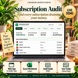 Subscription Cancellation Audit, Unused Subscription Tracker, Recurring Bills Organizer, Monthly Expense Audit, Offline