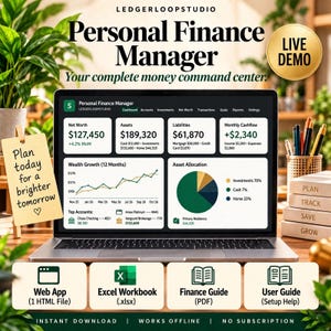 May include: A laptop screen displays the LedgerLoopStudio Personal Finance Manager dashboard with financial data, charts, and graphs. A sticky note reads: Plan today for a brighter tomorrow. Includes a web app, Excel workbook, finance guide, and user guide.