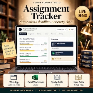 Assignment Tracker & Study Planner | GPA Calculator, Class Timetable, Exam Countdown | Excel, Google Sheets + Offline App
