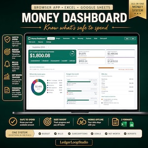 May include: A digital money dashboard displayed on a laptop screen, featuring financial tracking tools for budget, bills, and net worth. The interface includes charts, spending summaries, and income data for September 2026, with text labels for all categories.