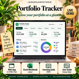 Può includere: Uno schermo di computer portatile che mostra una dashboard digitale di monitoraggio del portafoglio con dati finanziari, inclusi valore totale, partecipazioni e un grafico a torta. Il testo include Ledgerloopstudio, Portfolio Tracker e Plan today for a brighter tomorrow.