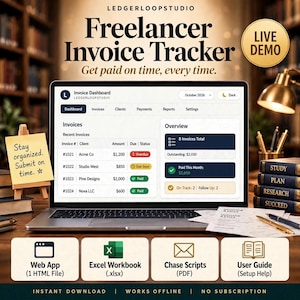 May include: A digital freelancer invoice tracker displayed on a laptop screen, featuring an invoice dashboard with client lists, payment statuses, and financial summaries. Includes icons for a web app, Excel workbook, chase scripts, and a user guide.