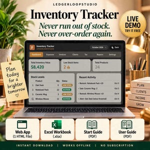 May include: A laptop screen displaying an Inventory Tracker dashboard by LedgerLoopStudio with data for October 2026. The interface shows total inventory value, low stock items, and recent activity. Below are icons for a web app, Excel workbook, and user guides.
