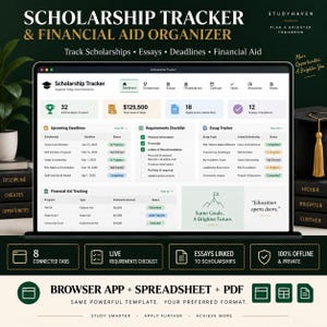May include: A digital scholarship tracker and financial aid organizer displayed on a laptop screen. The interface features tabs for scholarships, essays, and deadlines, with data tables showing tracked awards, application status, and a requirements checklist.