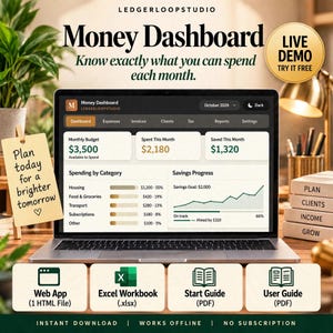 Money Dashboard Budget Spreadsheet & Browser App | Excel Google Sheets + HTML | Spendable Each Month, Bills, Debt Payoff, Net Worth Tracker