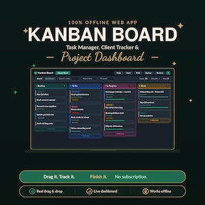 Kanban Board Web App with Dashboard | Project & Task Manager, Client Tracker, Focus Timer, Multiple Boards, 100% Offline