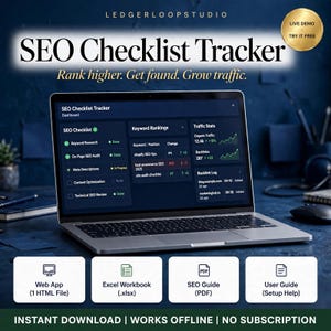Könnte beinhalten: Ein Laptop zeigt ein SEO Checklist Tracker Dashboard mit Keyword-Rankings und Verkehrsstatistiken. Unter dem Bildschirm befinden sich vier weiße Symbole für eine Web-App, eine Excel-Arbeitsmappe, einen SEO-Leitfaden und ein Benutzerhandbuch.