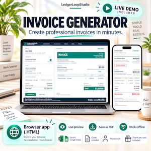 Invoice Generator for Freelancers & Small Business | 6 Templates, PDF Export | Excel, Google Sheets + Offline App