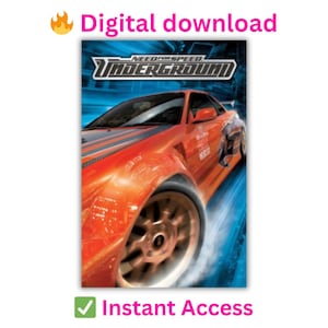 Puede incluir: Imagen de descarga digital del juego Need for Speed Underground. La portada muestra un coche deportivo naranja sobre un fondo dinámico azul y blanco. El texto incluye "Descarga digital" y "Acceso instantáneo".