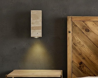 Minimalist Wabi-Sabi Travertine & Oak Wall Sconce – Zen Stone Bedside LED Lamp