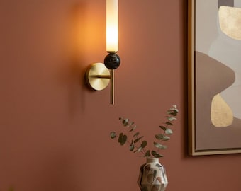 Modern Marble & Copper Wall Sconce – Minimalist Cylinder Bedside Lamp for Luxury Nordic Decor