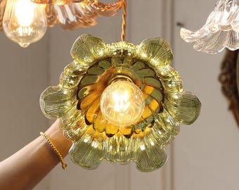 Nordic Green Glass Flower Pendant Light Vintage Scalloped Hanging Lamp Kitchen Island Bedroom Chandelier