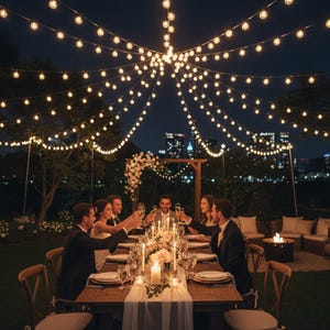 Può includere: Una cena all'aperto di notte. Un lungo tavolo di legno è apparecchiato con candele, fiori e posate. Gli ospiti brindano con champagne. Sopra, luci di stringa illuminano la scena, con uno skyline della città sullo sfondo.