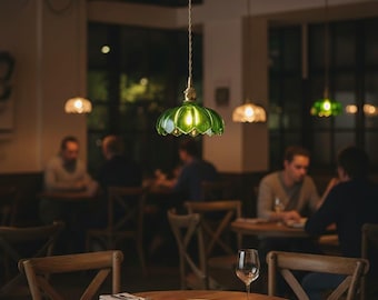 Vintage Green Glass Pendant Light Scalloped Ribbed Hanging Lamp Kitchen Restaurant Coffee Shop Chandelier