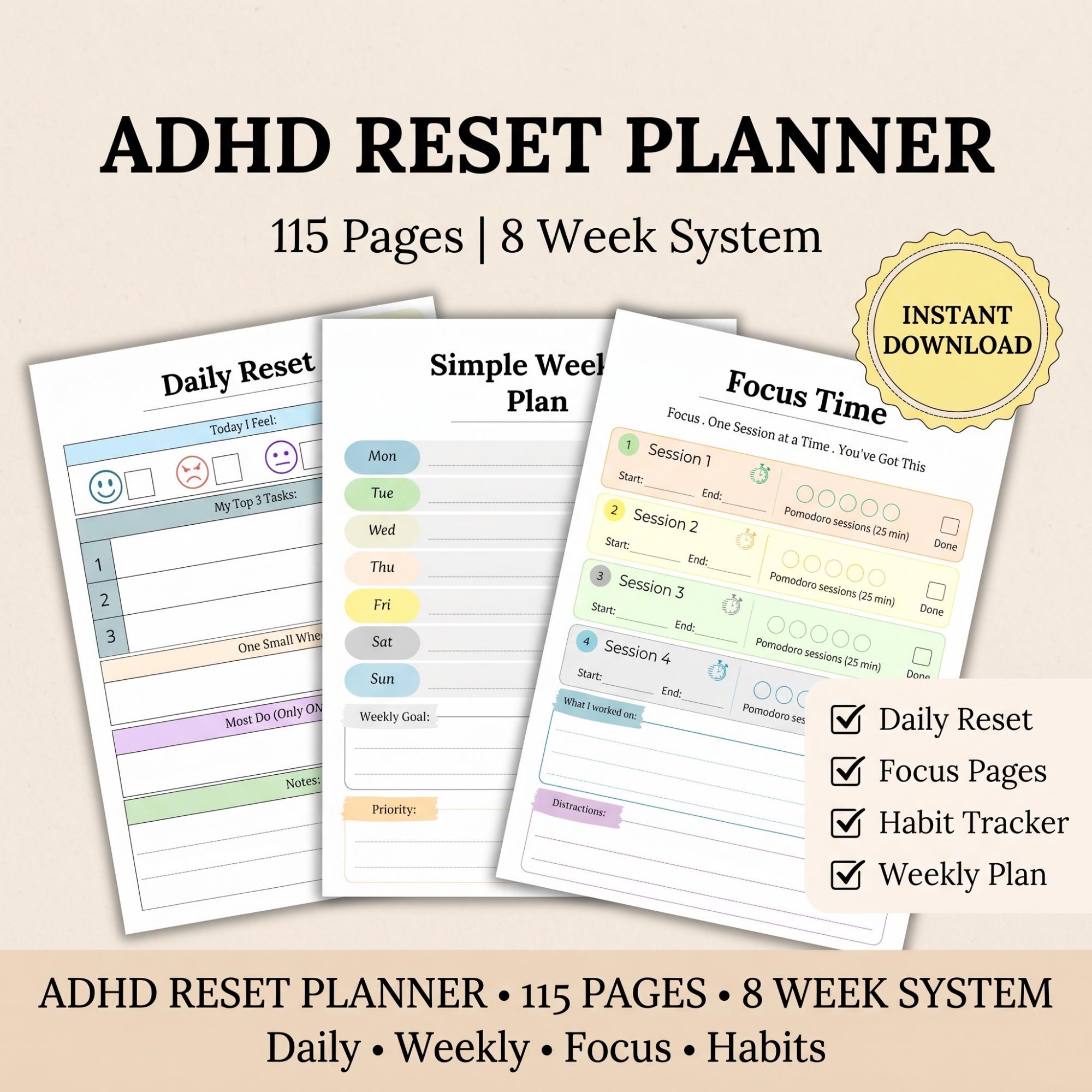 ADHD Productivity Planner | Daily Reset, Focus Planner & Habit Tracker ...