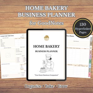 May include: A digital home bakery business planner for GoodNotes. The planner includes 130 hyperlinked pages. The cover features the text "Home Bakery Business Planner" and an illustration of a baker decorating a cake. The phrase "Your Sweet Business Companion" is also included.