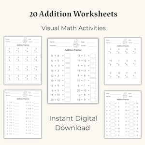 May include: A digital download of 20 addition worksheets with visual math activities. The worksheets include addition practice problems with space for answers, names, dates, and scores. The text "Instant Digital Download" is also visible.