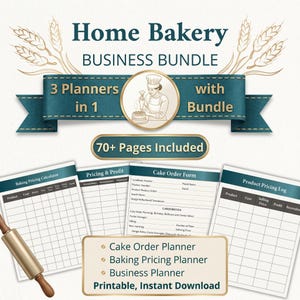 Könnte beinhalten: Ein digitales Home Bakery Business Bundle mit 3 Planern und über 70 Seiten. Enthält einen Kuchenbestellplaner, einen Backpreisplaner und einen Businessplaner. Das Bild zeigt ein Nudelholz und verschiedene Formulare für Backbetriebe.