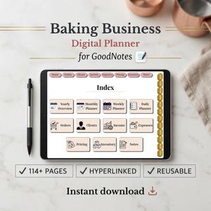 Op de afbeelding: Een digitale planner voor bakkerijen, ontworpen voor GoodNotes. De tablet toont een index met secties voor bestellingen, klanten, inkomsten en uitgaven. Bevat 114+ pagina's, is hyperlinked en herbruikbaar.