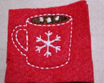 Hot cocoa with marshmallow mug feltie, Hot cocoa in mug with snowflake on red felt,4 pcs for hair accessories, scrap booking or crafts