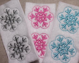 Snowflake feltie, choice of colors, pink, lt turquoise, or silver gray, set of four for hair accessories, scrapbooking, and crafts