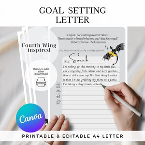 Może przedstawiać: Drukowalny list A4 do wyznaczania celów z tekstem "Goal Setting Letter" u góry. List jest "Fourth Wing inspired" i zawiera cytat i ilustrację smoka. Ręka pisze na liście.