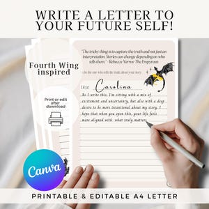Könnte beinhalten: Eine druckbare und bearbeitbare A4-Briefvorlage mit dem Text „Schreibe einen Brief an dein zukünftiges Ich!“ und „Fourth Wing inspired“. Der Brief wird mit einem Stift geschrieben. Das Canva-Logo ist sichtbar.