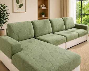 Green Sectional Sofa Cover | L-Shape Stretch Slipcover, Anti-Slip, Pet-Friendly