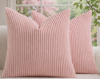 Set of 2 Boho Corduroy Pillow Covers | 18x18 Neutral Ribbed Couch Cushion Covers