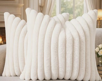 Cream White Faux Fur Pillow Cover Set | Plush Striped Cushion, Boho Farmhouse (18x18")